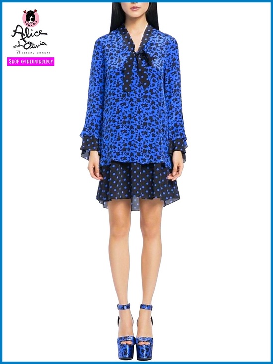 Alice + Olivia Dresses & Skirts - Alice + Olivia Wellesly Mixed Print Tie Neck Blue Black Mini Dress